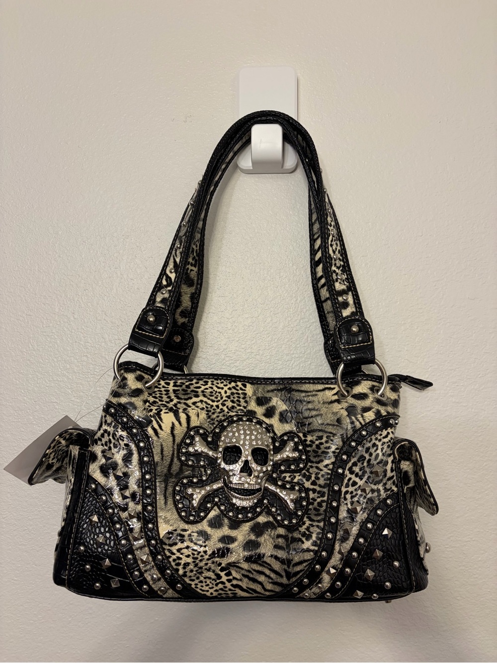NWT Skull Crossbones Animal Print Studded Shoulder Bag Y2K Punk Purse